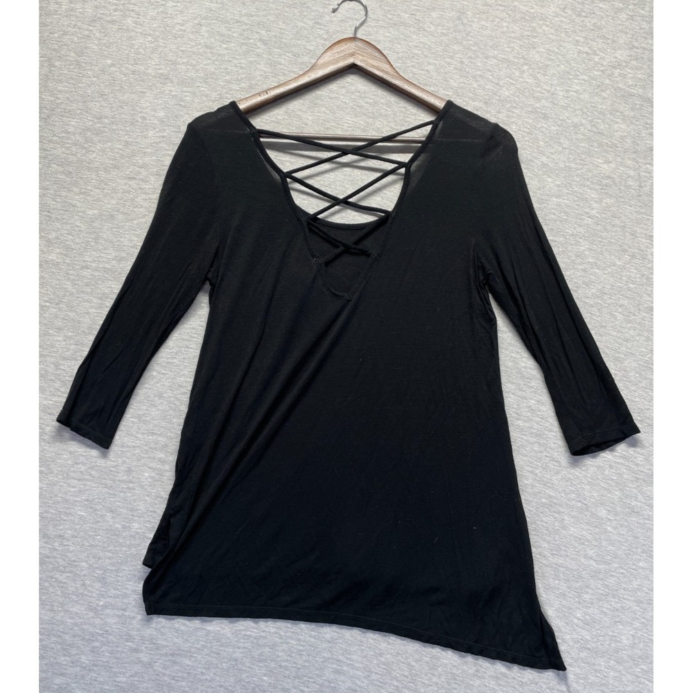 Heart & Hips Tunic Blouse Top Women Small Black Rayon Scoop Neck Crisscross Back